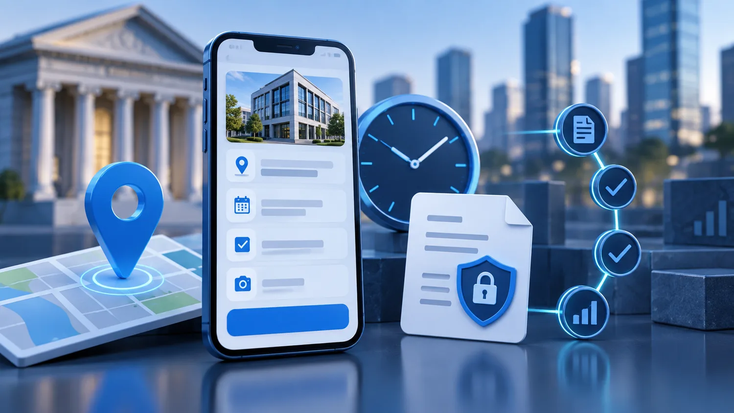 A secure mobile visit record connected to location, timestamp and document workflow indicators