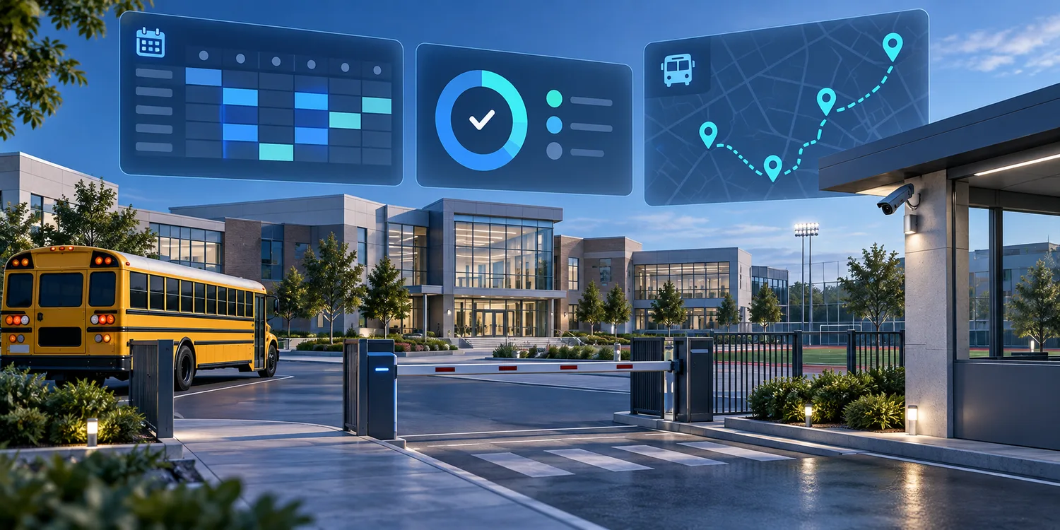 A school campus represented with attendance, timetable and bus-route operations panels