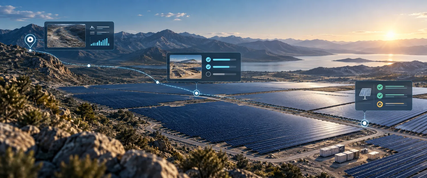 A solar installation with connected site-survey, installation and maintenance workflow indicators